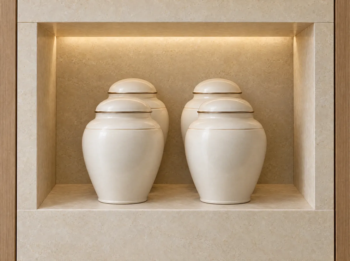 Render ilustrativo de un nicho para cenizas con cuatro urnas color marfil en dos filas de dos, piedra beige e iluminación cálida.